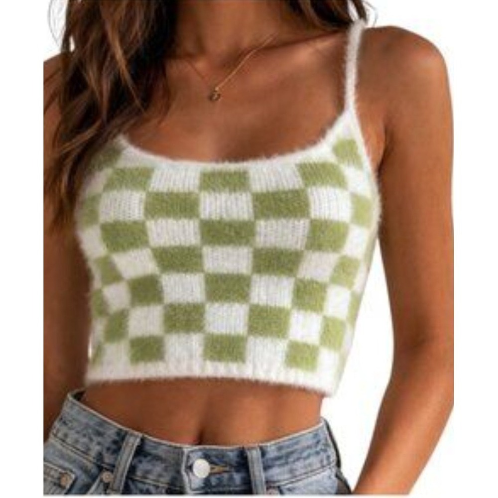 PacSun L.A. Hearts Crop Top Sz M Green White Checkerboard Soft Fuzzy NWT Indie